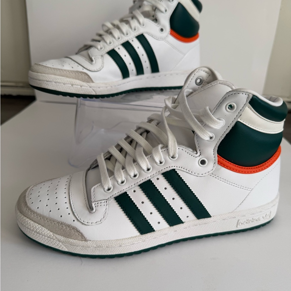 Adidas White and Green High-Tops with Orange Accents